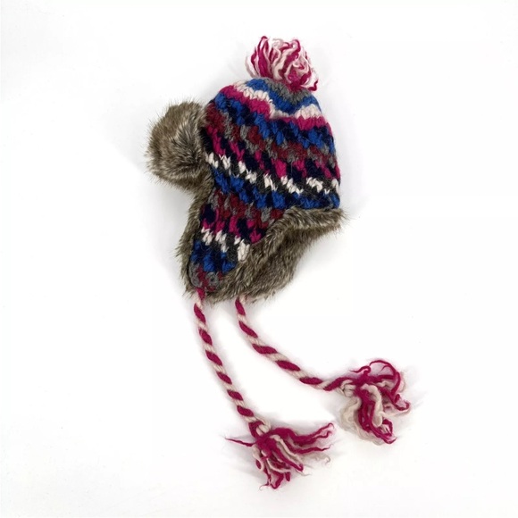 American Eagle Trapper Hat Pink Blue Wool Alpaca Knit Faux Fur Lined Tassels - Picture 4 of 12